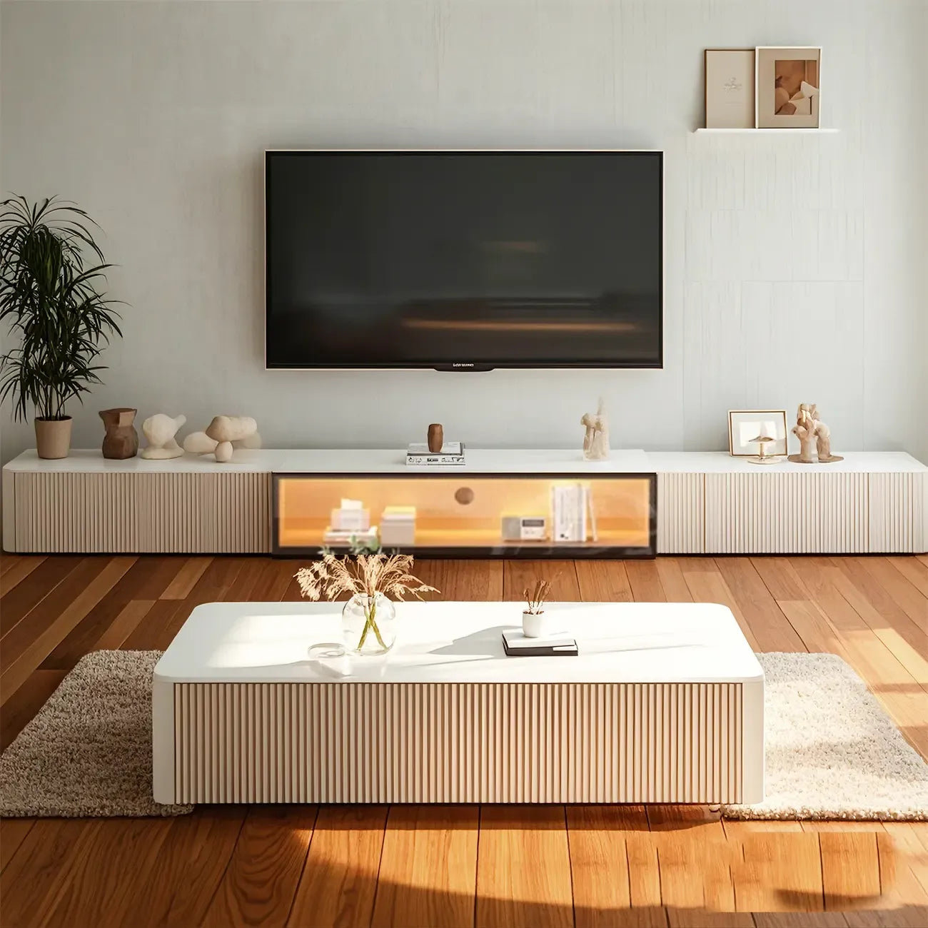 63 Champagne Long Stone TV Stand with Cable Management