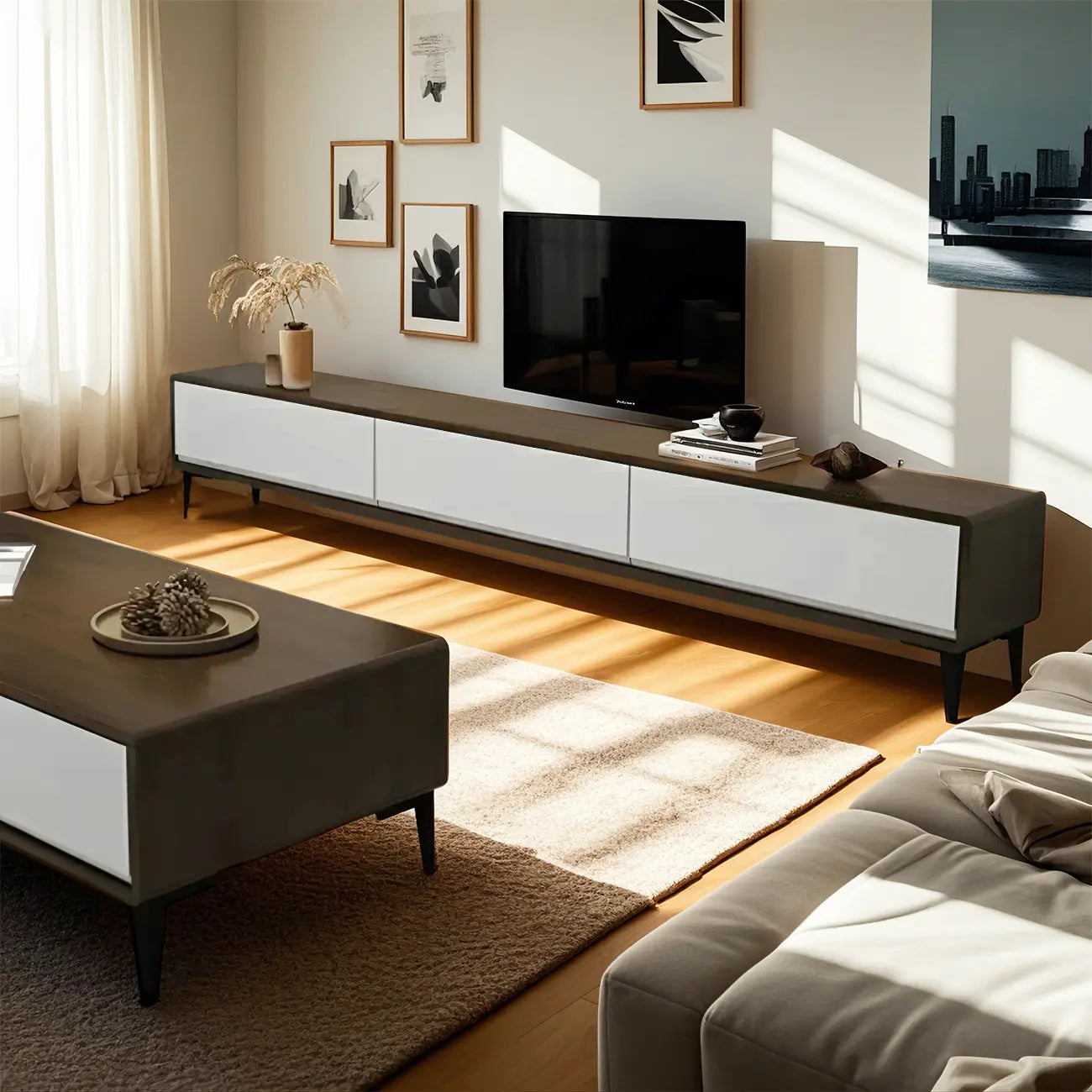 63 Modern Brown Rectangle 3-Drawer Pine Wood TV Stand