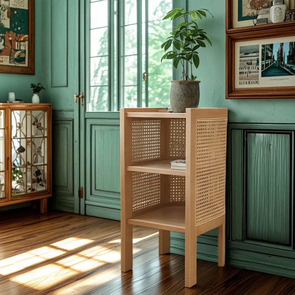 Rustic Natural Wooden Bedside Table with Open Storage Shelves