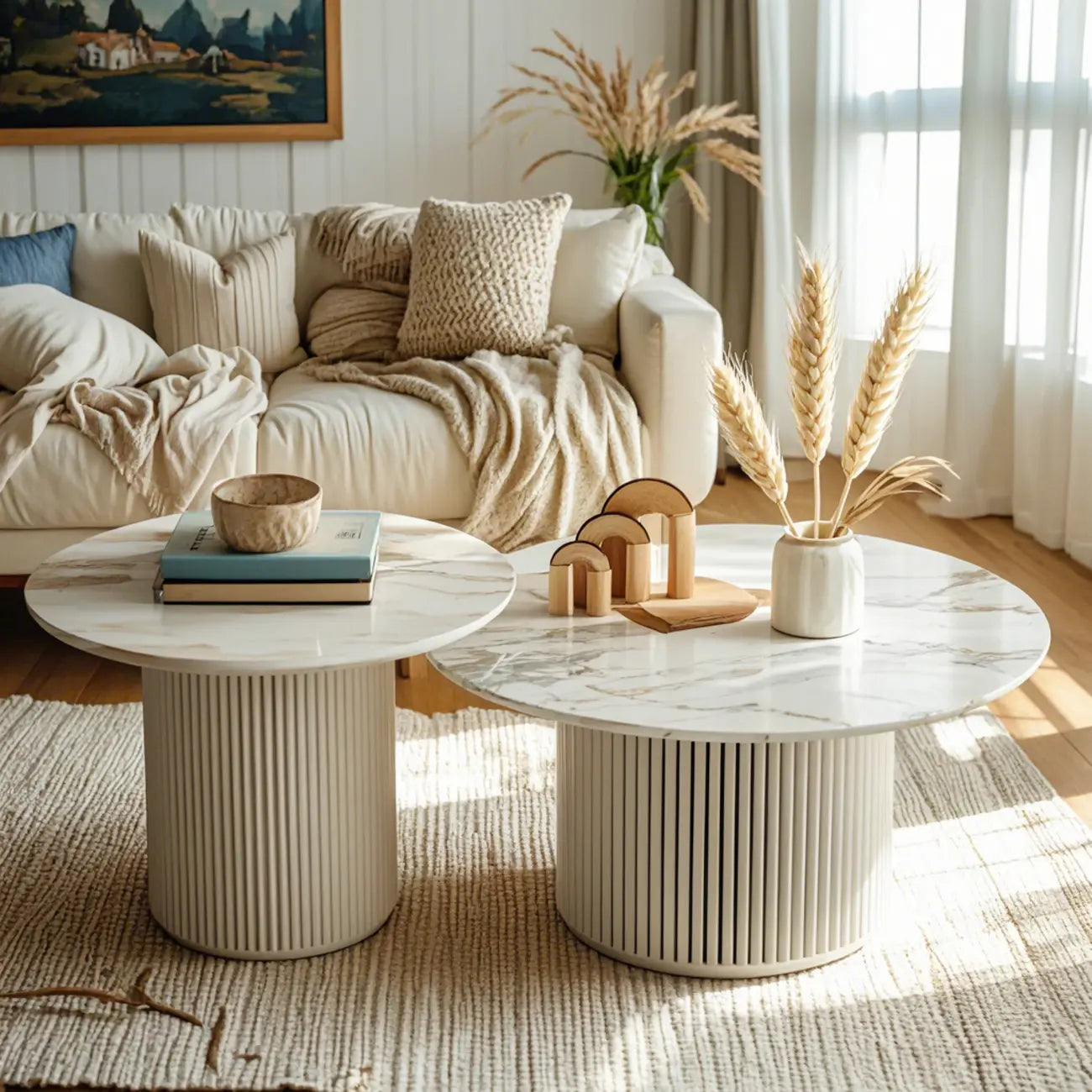 Modern White Nesting Coffee Table Set in Round Design
