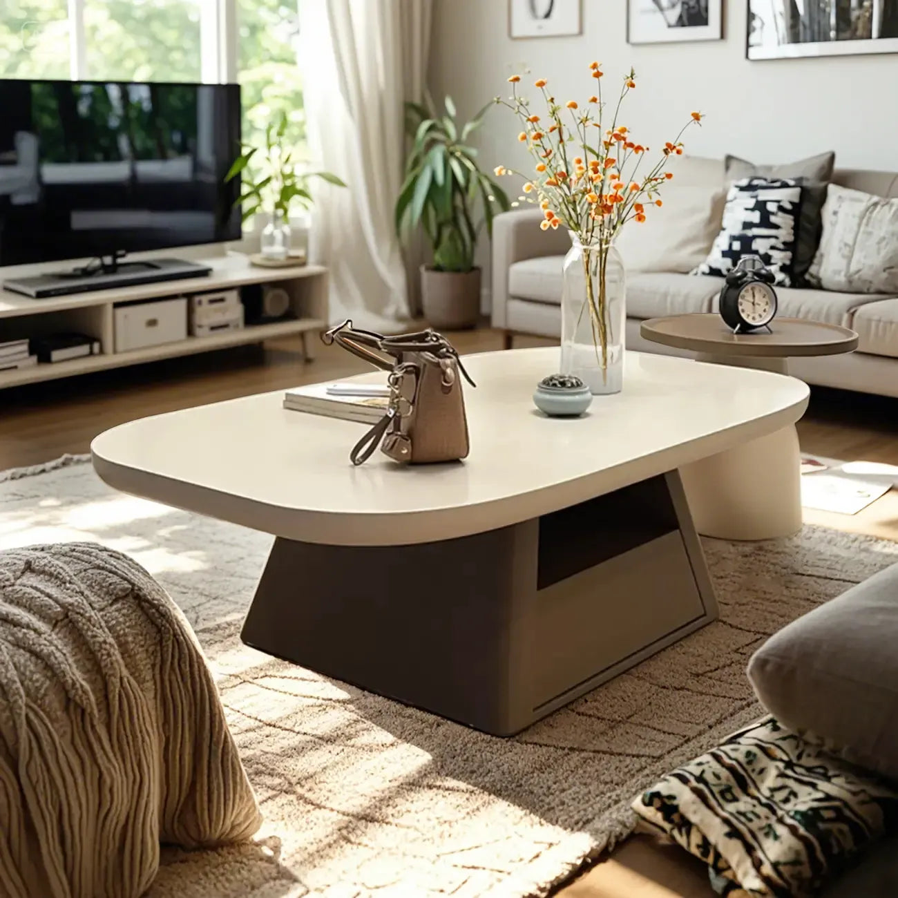 Modern Wood Oval Nesting Coffee Table with Block Base