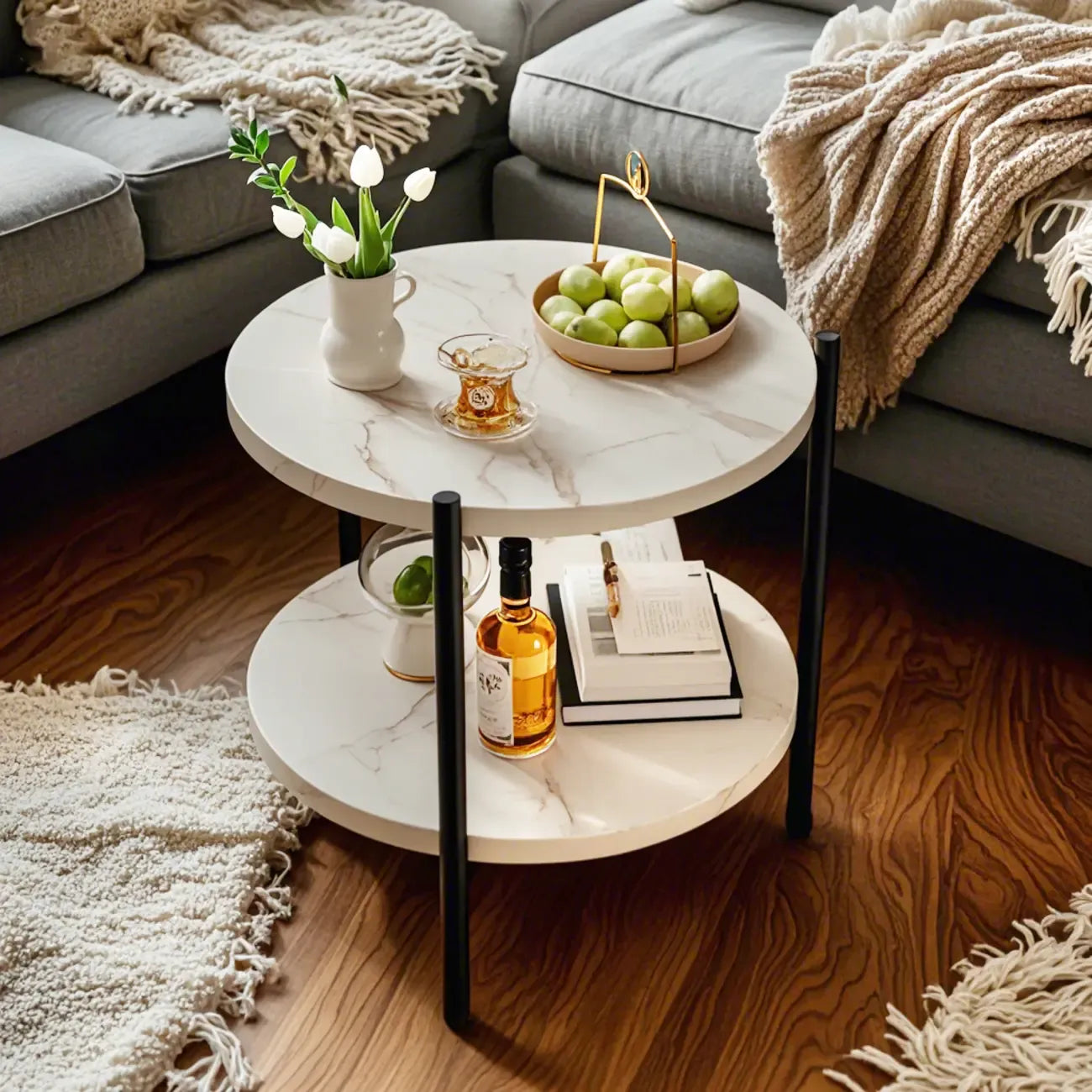 Modern 2-Tier Wood Round Coffee Table with Wheels, Tray