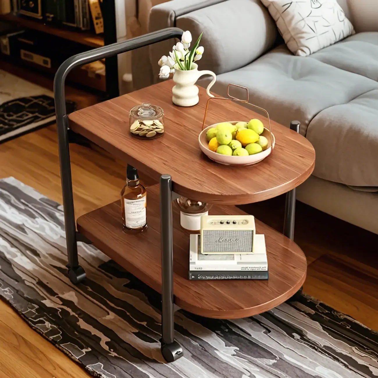 Modern 2-Tier Wood Round Coffee Table with Wheels, Tray