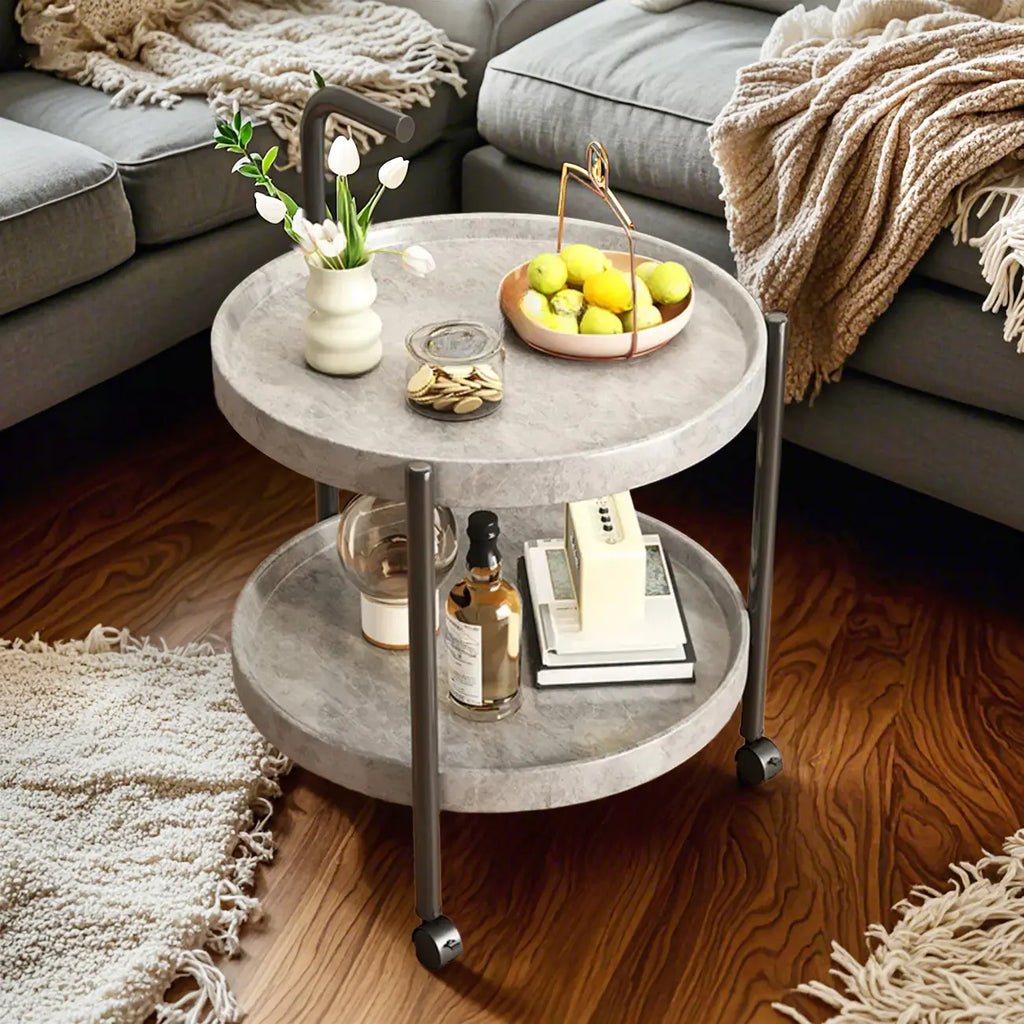 Modern 2-Tier Wood Round Coffee Table with Wheels, Tray