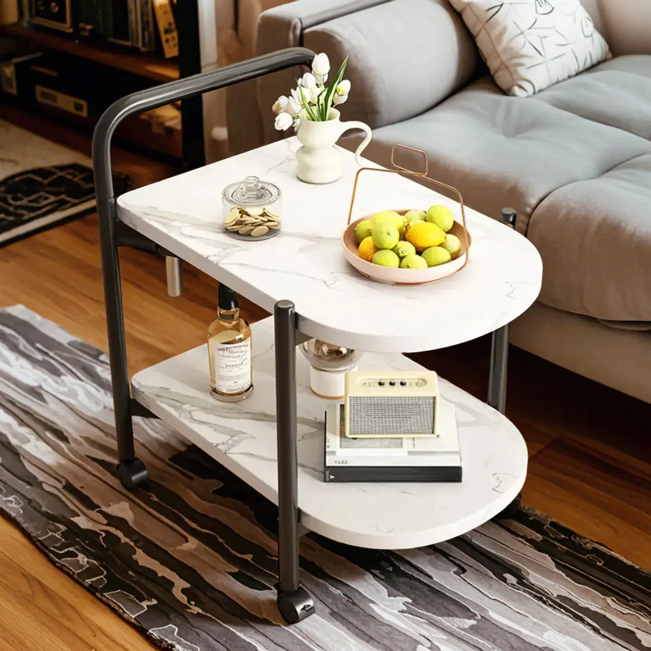 Modern 2-Tier Wood Round Coffee Table with Wheels, Tray