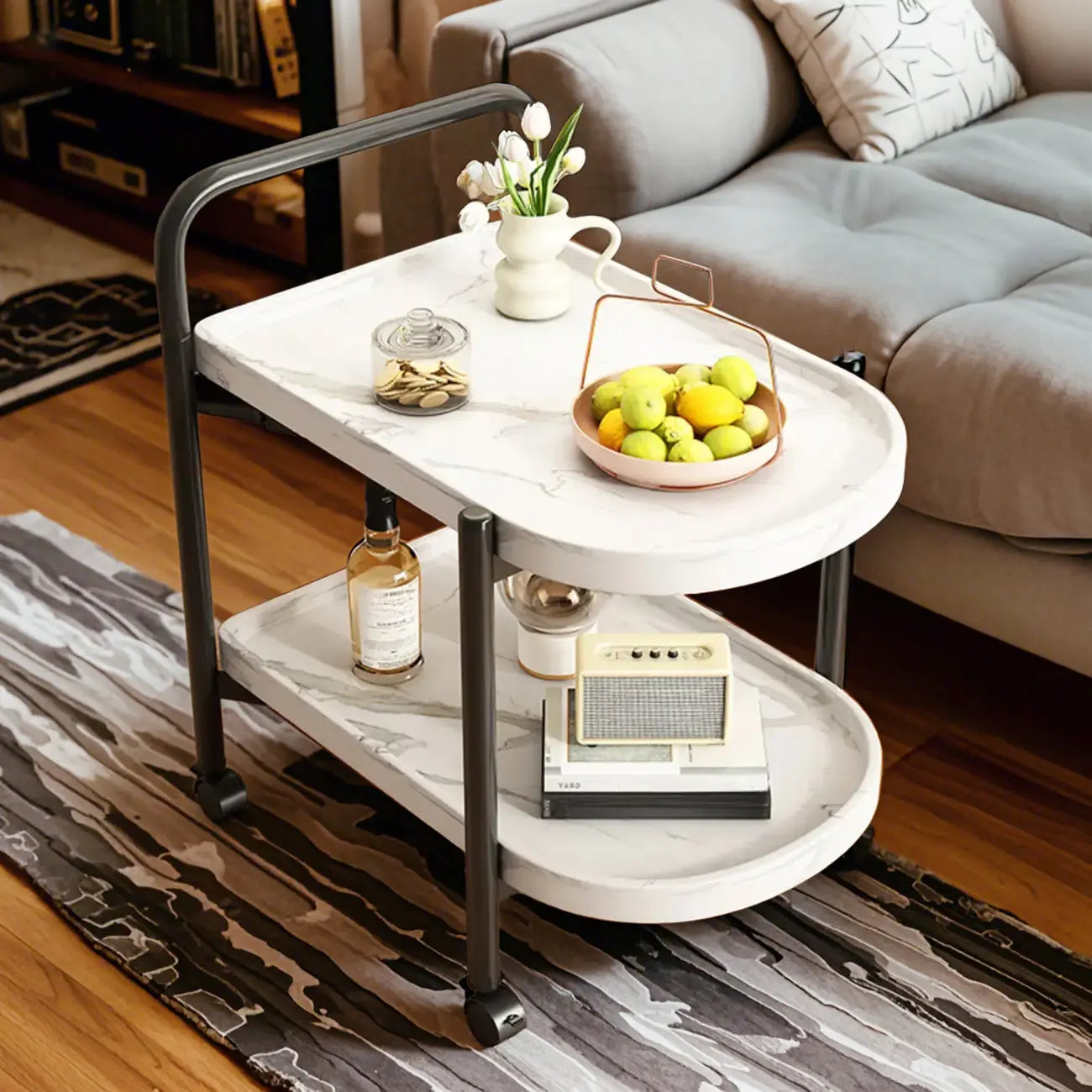 Modern 2-Tier Wood Round Coffee Table with Wheels, Tray