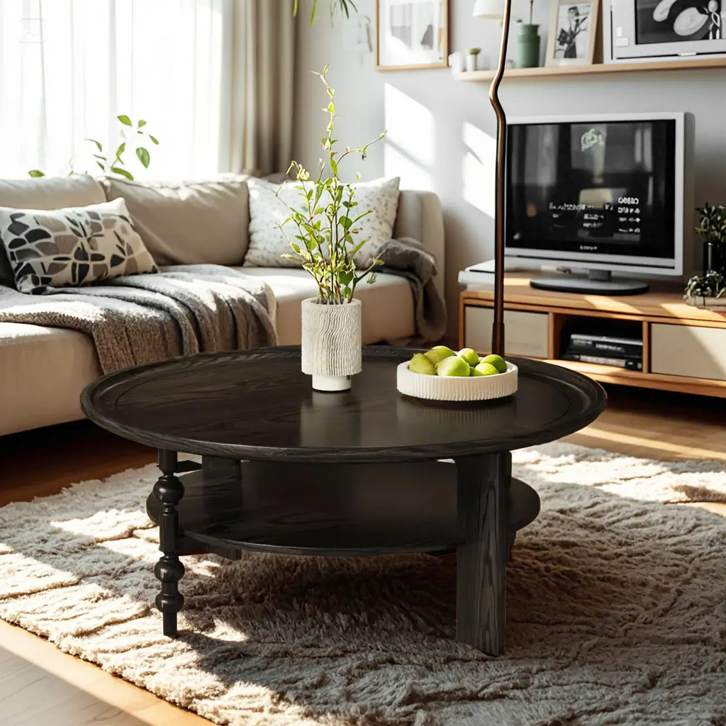 Vintage Wooden Round Coffee Table with Shelf & Tray Top