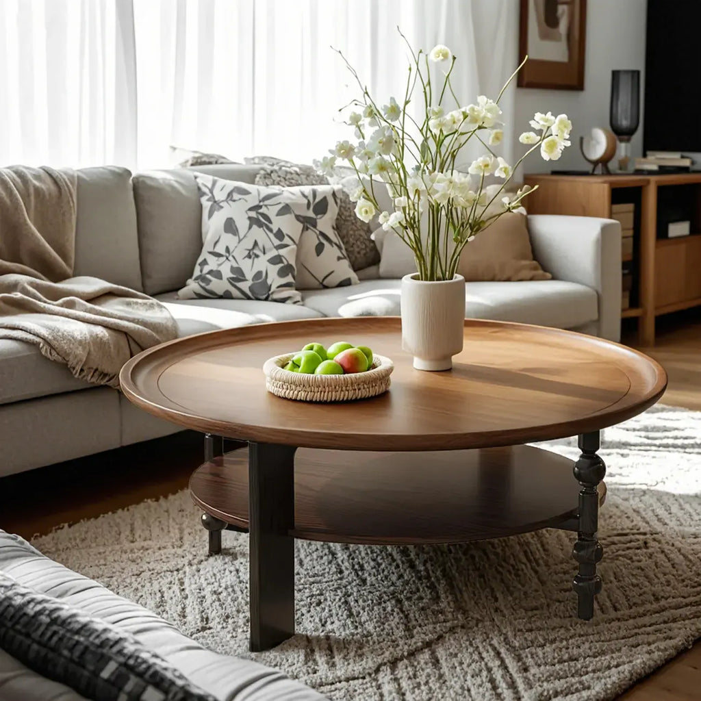 Vintage Wooden Round Coffee Table with Shelf & Tray Top