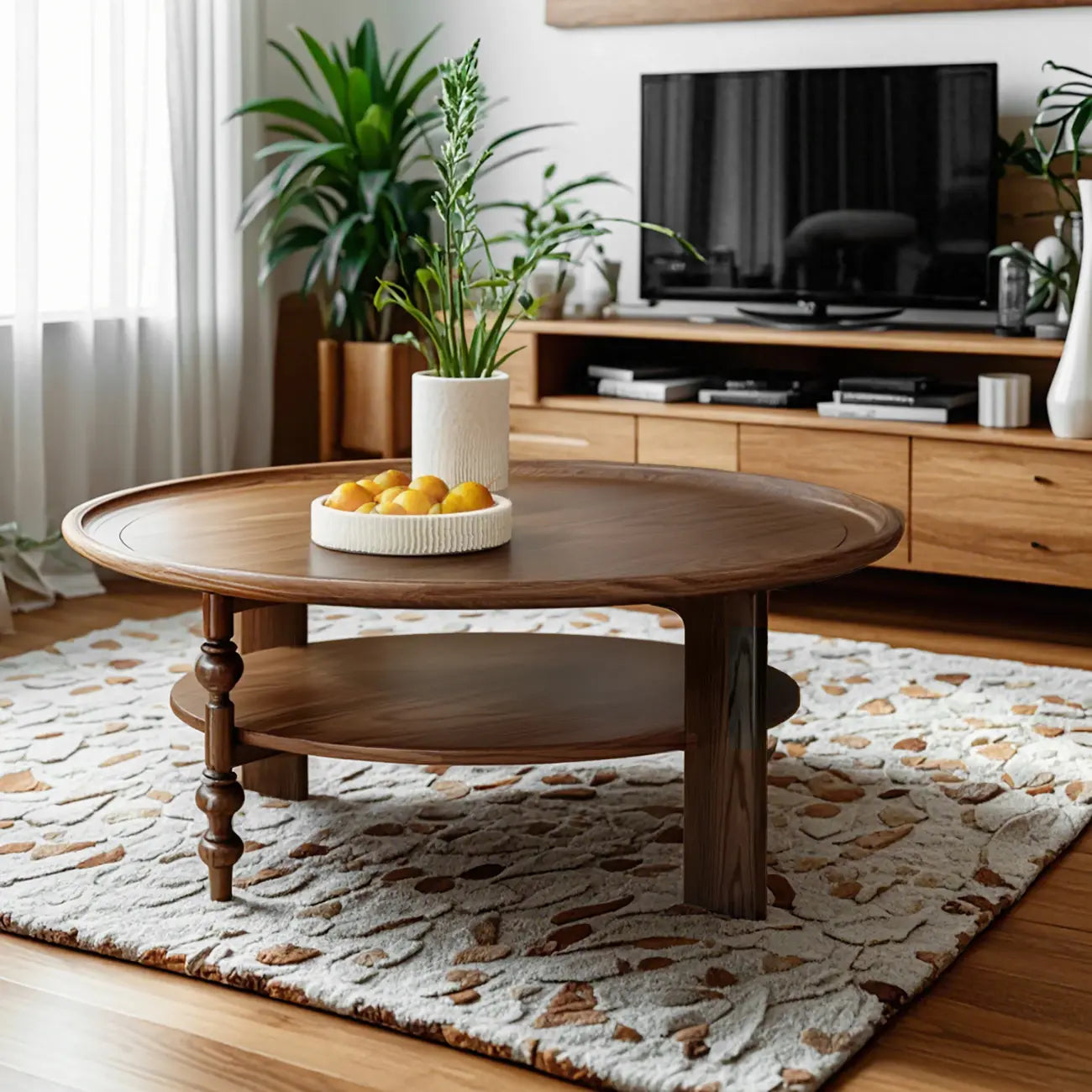 Vintage Wooden Round Coffee Table with Shelf & Tray Top