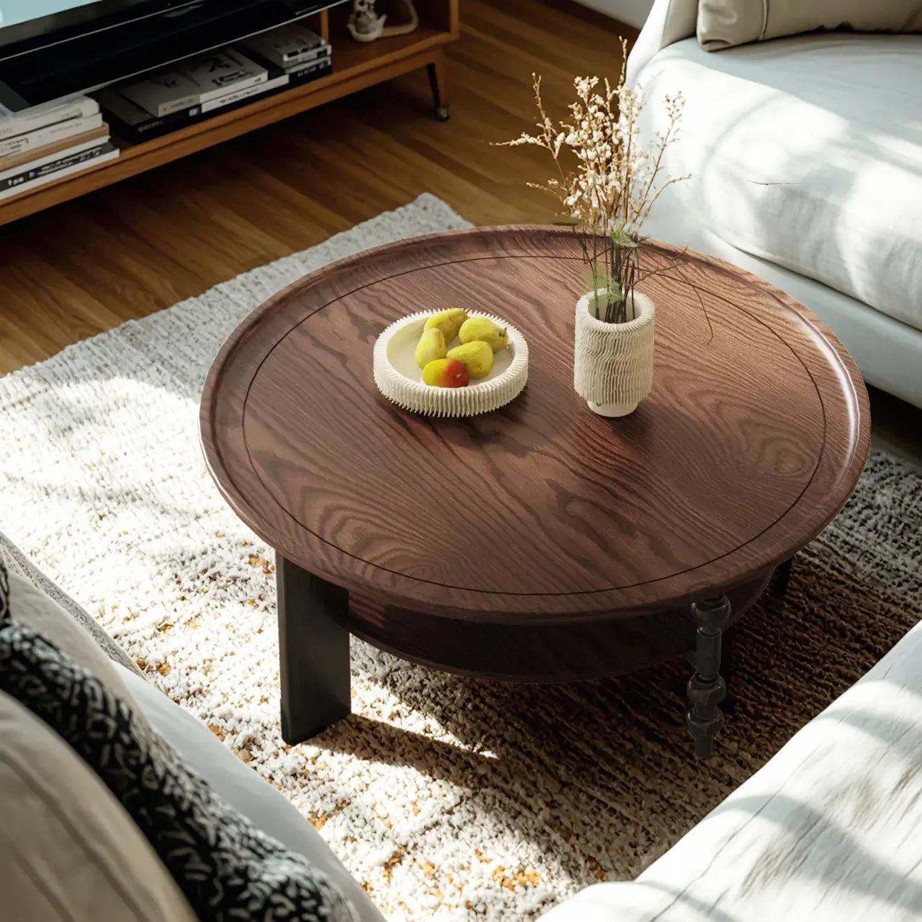 Vintage Wooden Round Coffee Table with Shelf & Tray Top
