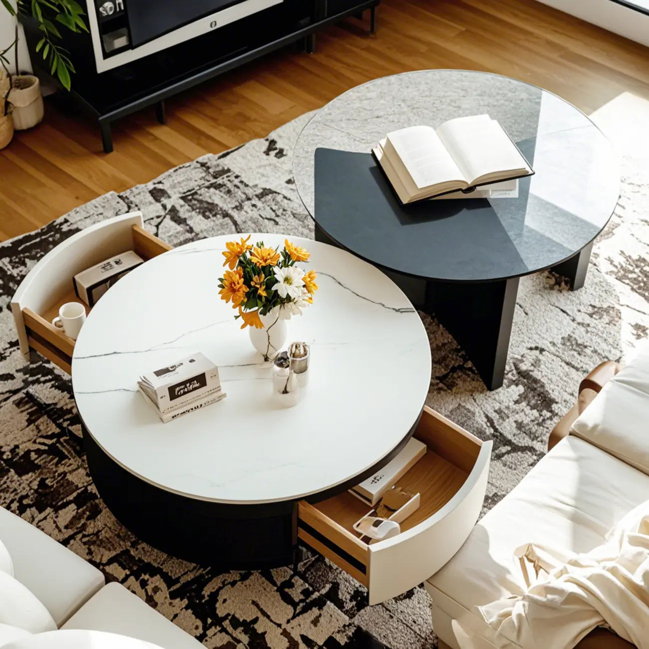Elegant Indoor Round Nesting Coffee Table with 2 Drawers