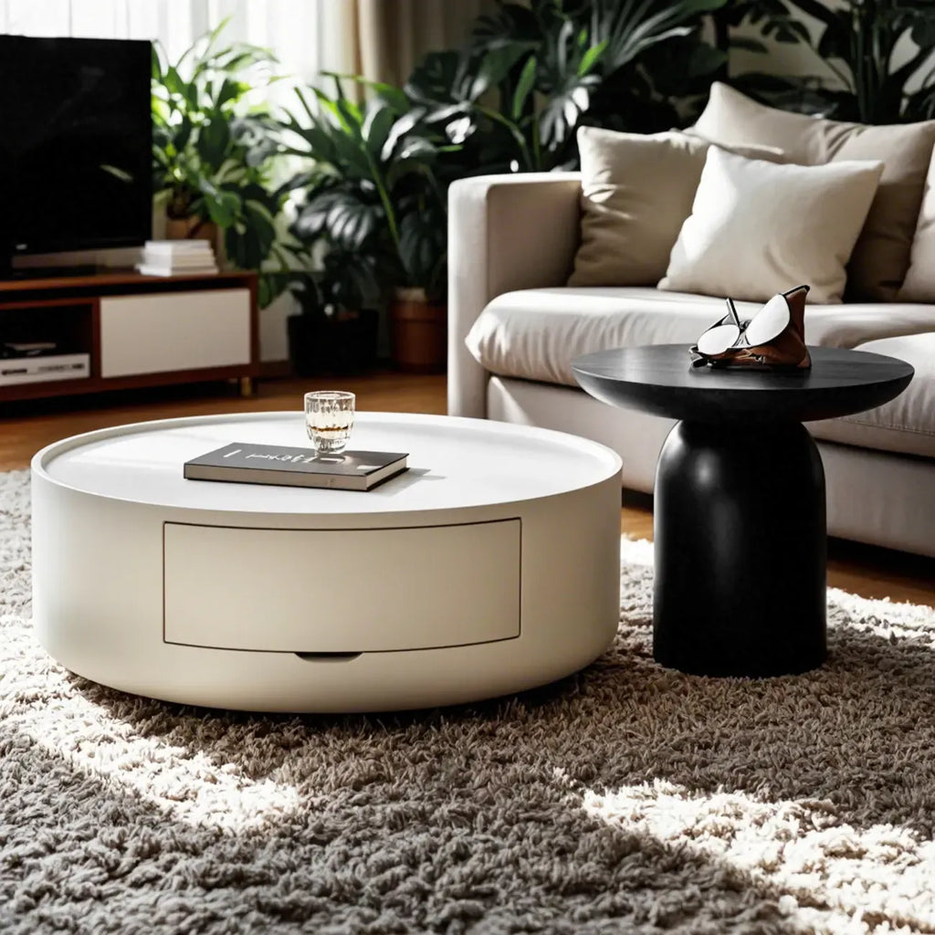 Modern Black White Wood Round Coffee Table with Storage
