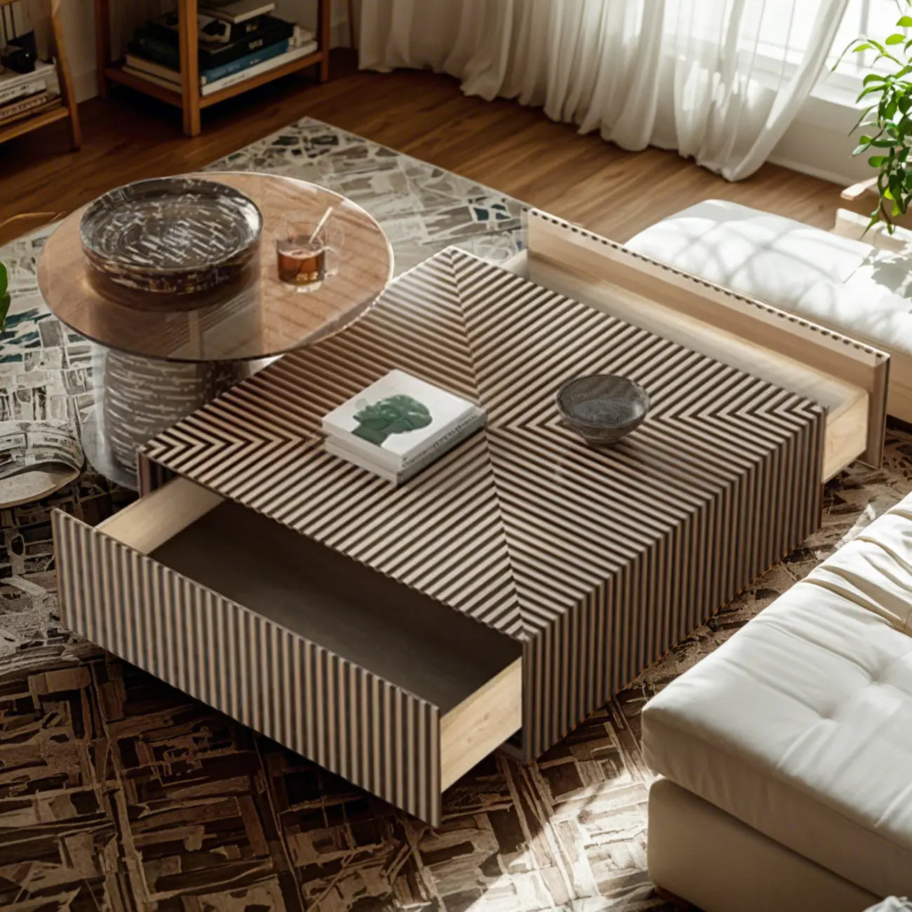 Black and White Stripe Wooden Round Coffee Drawer Table