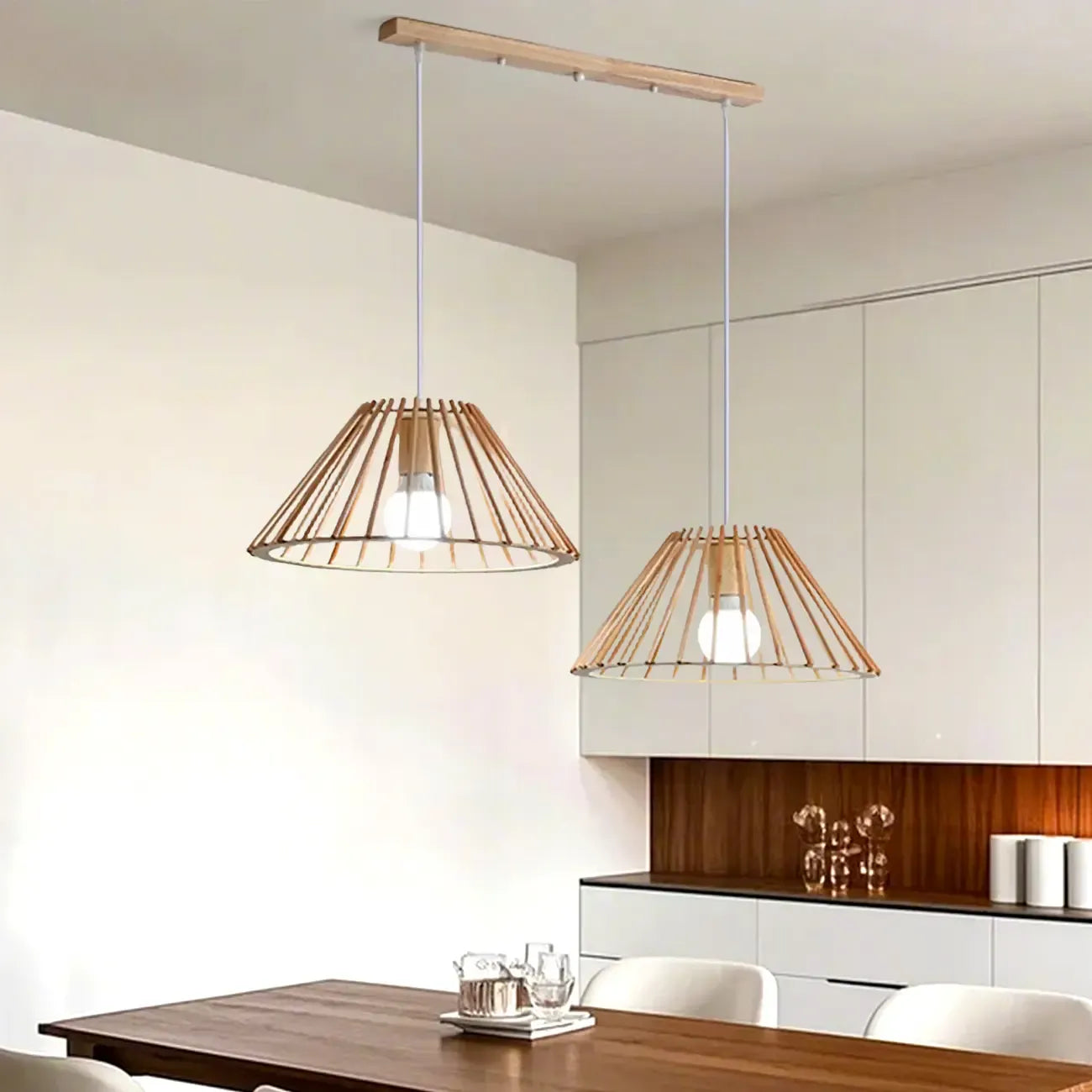 2 Light Natural Wood Polygonal Pendant Light for Kitchen