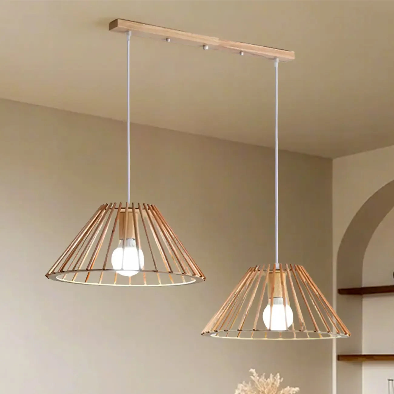 2 Light Natural Wood Polygonal Pendant Light for Kitchen