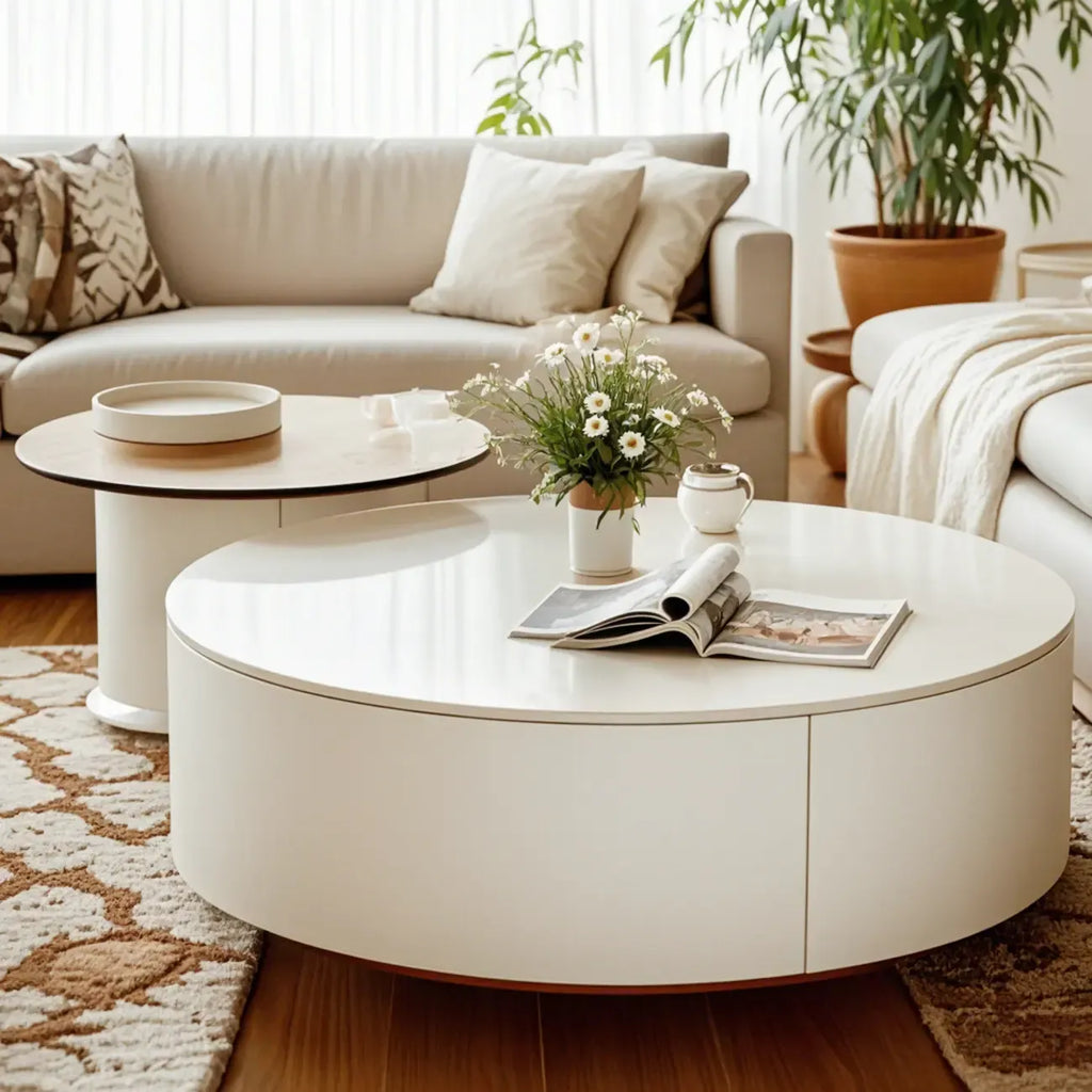 Slate Top White Round Modern Wood Drawer Coffee Table
