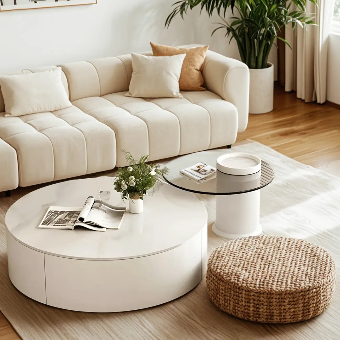 Slate Top White Round Modern Wood Drawer Coffee Table
