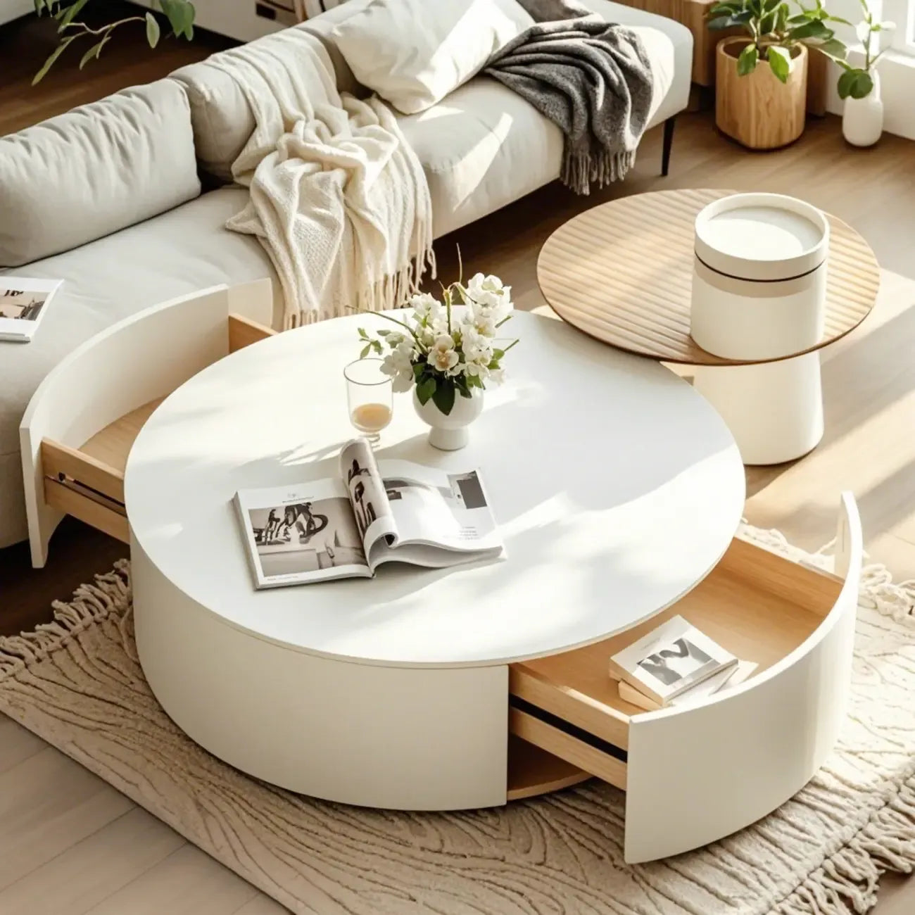 Slate Top White Round Modern Wood Drawer Coffee Table