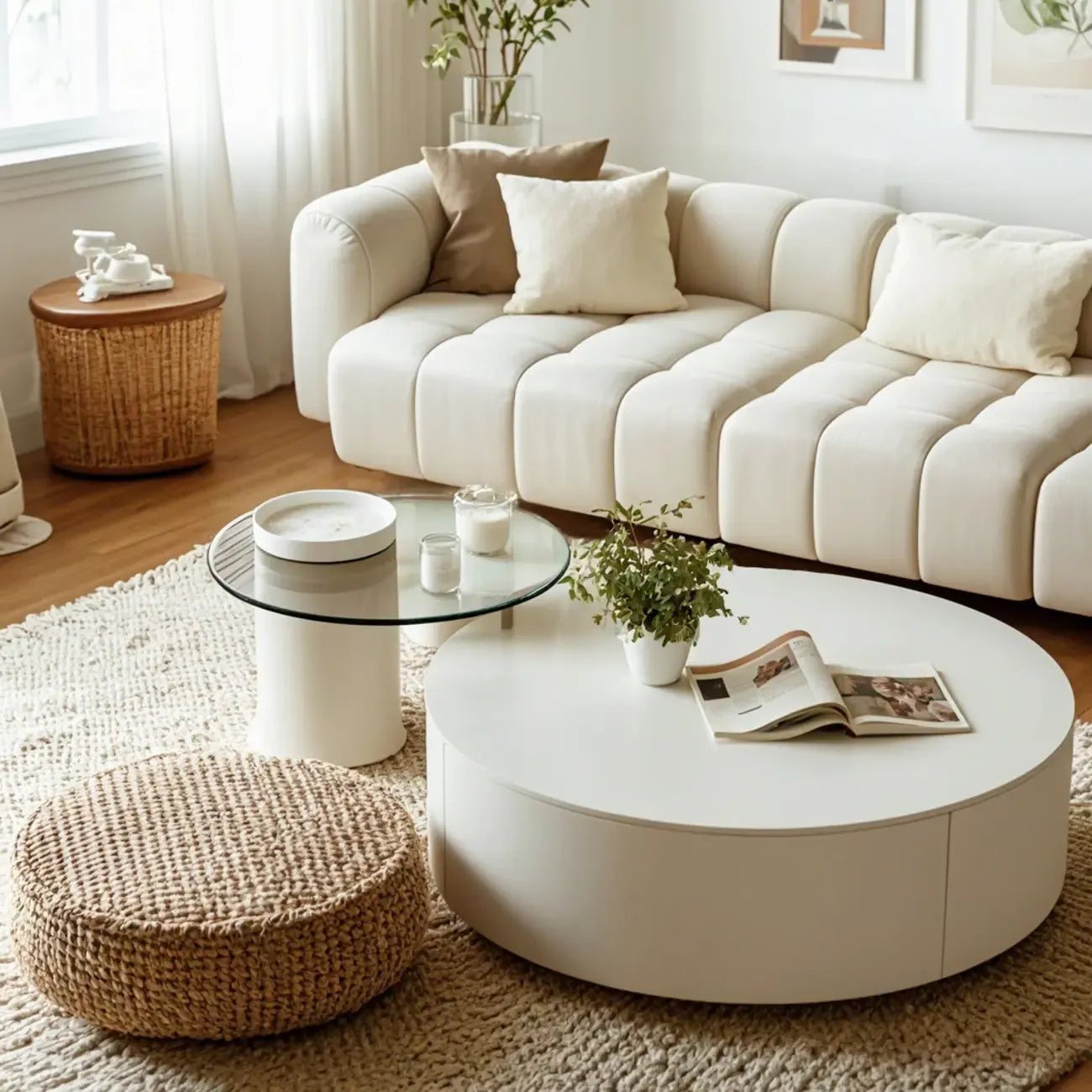 Slate Top White Round Modern Wood Drawer Coffee Table