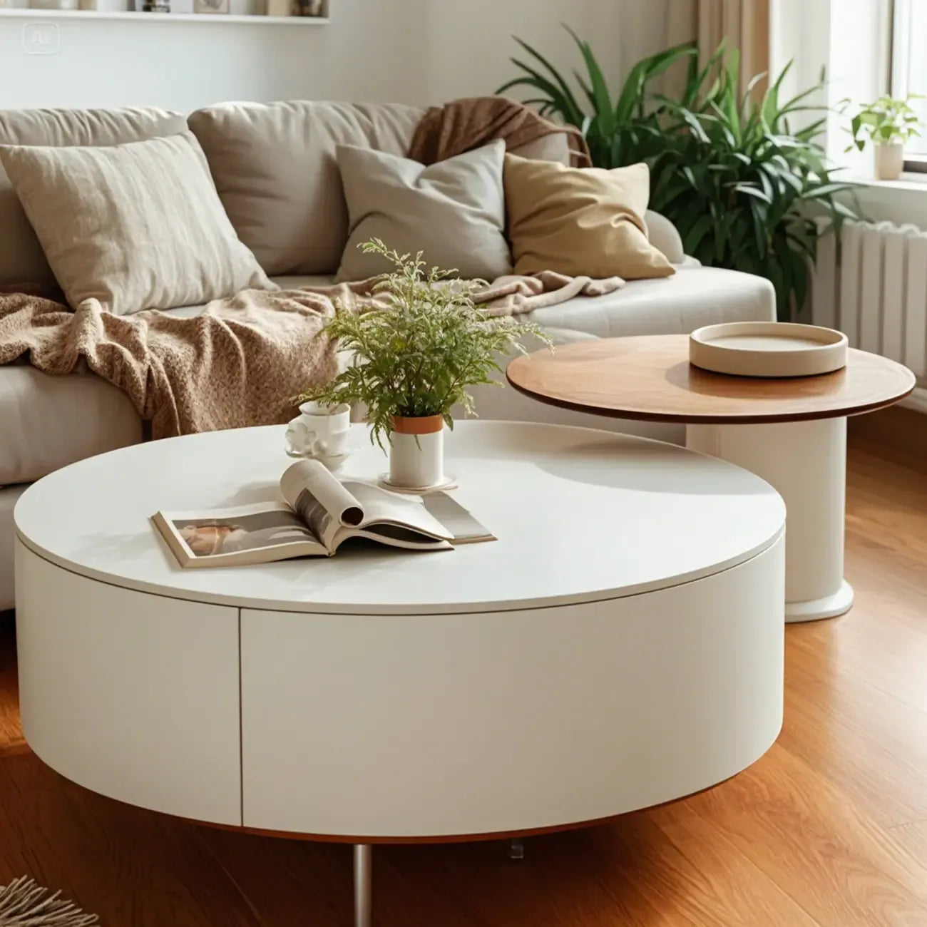 Slate Top White Round Modern Wood Drawer Coffee Table