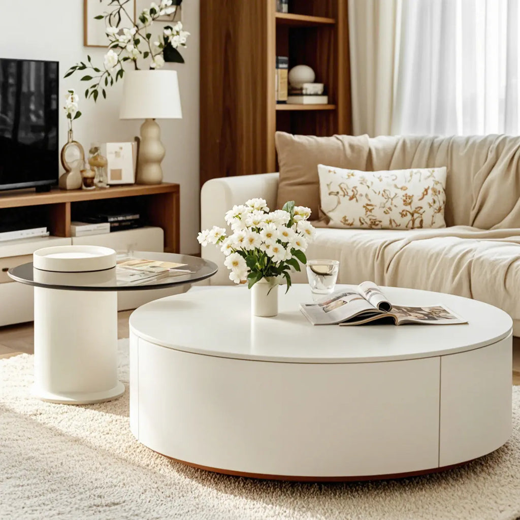 Slate Top White Round Modern Wood Drawer Coffee Table