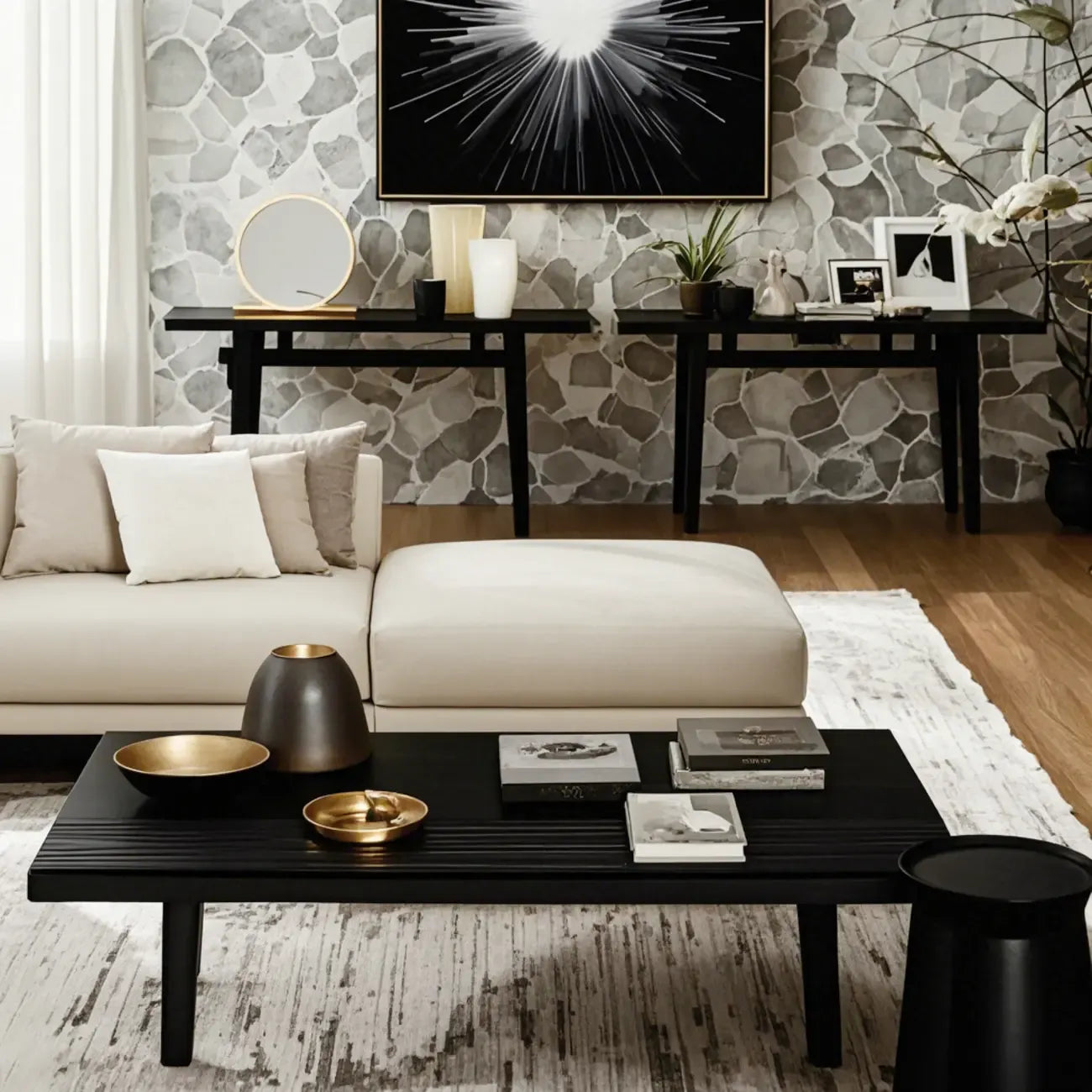 Black Rectangular Chic Rectangle Wood Coffee Table