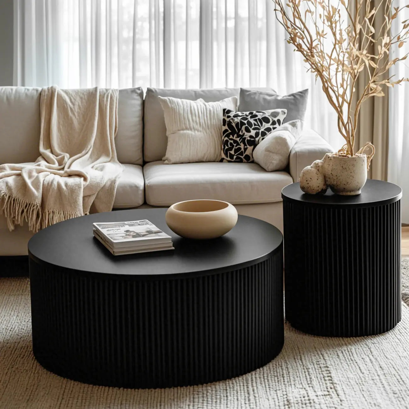 Simple Black Pine Round Drawer Coffee Table