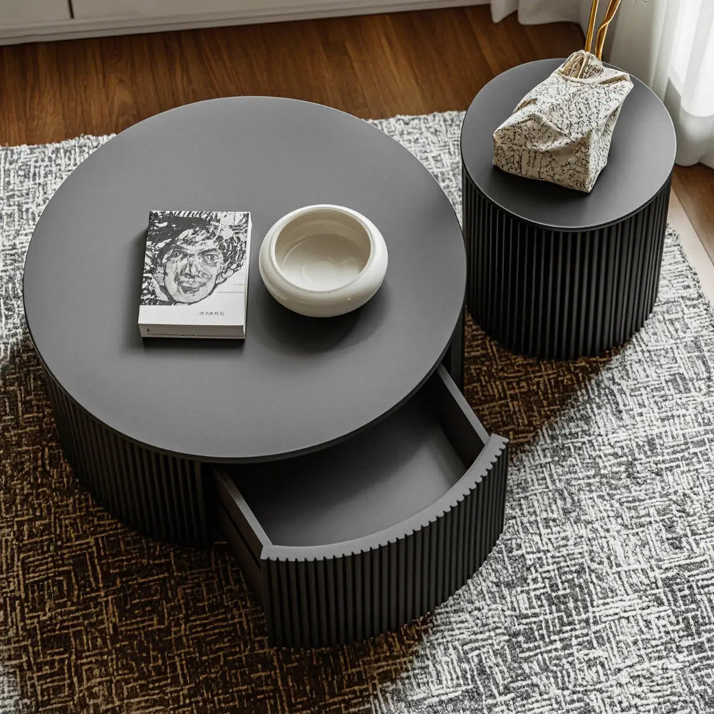 Simple Black Pine Round Drawer Coffee Table