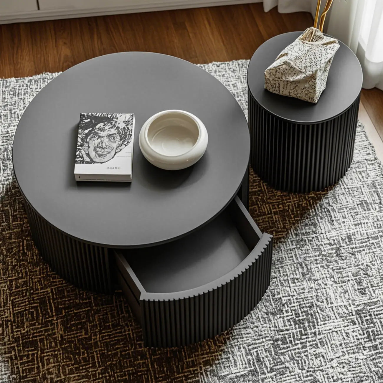 Simple Black Pine Round Drawer Coffee Table