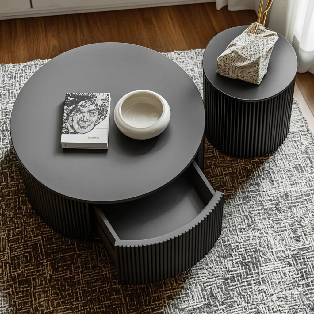 Simple Black Pine Round Drawer Coffee Table