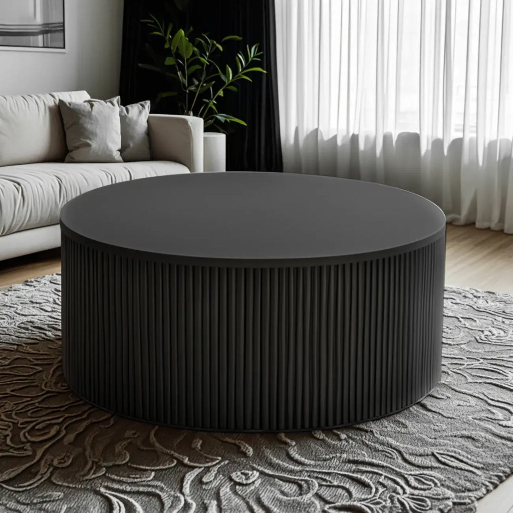 Simple Black Pine Round Drawer Coffee Table