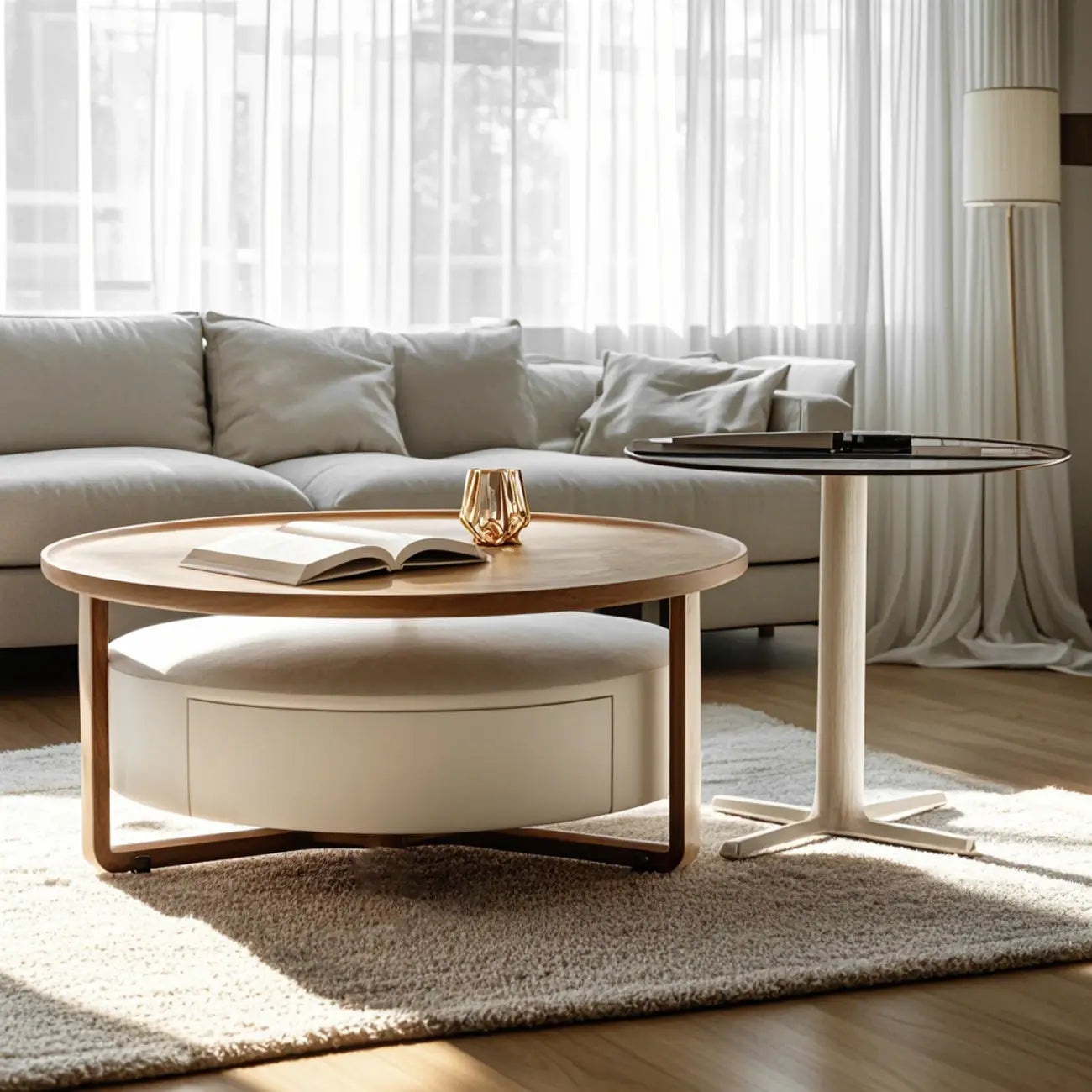 Modern Round Wooden Top Coffee Table with Drawer