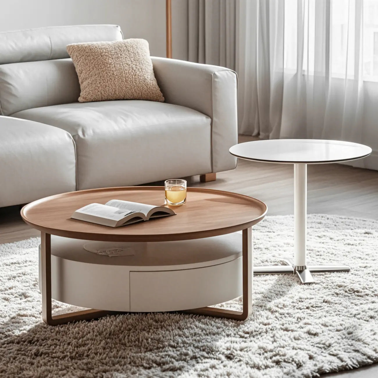 Modern Round Wooden Top Coffee Table with Drawer