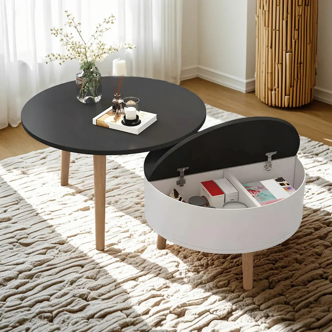 Black White Modern Round Wood Coffee Table with Storage