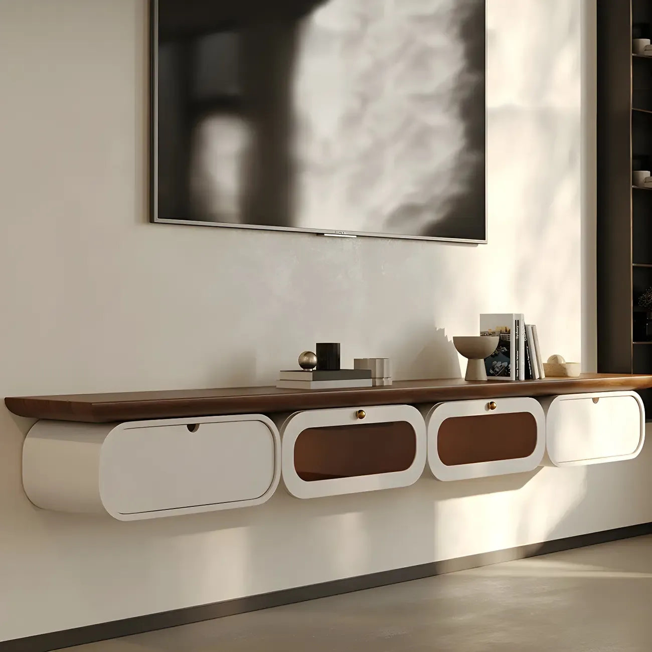 Brown Modern Wood Floating TV Stand with Storage Drawers