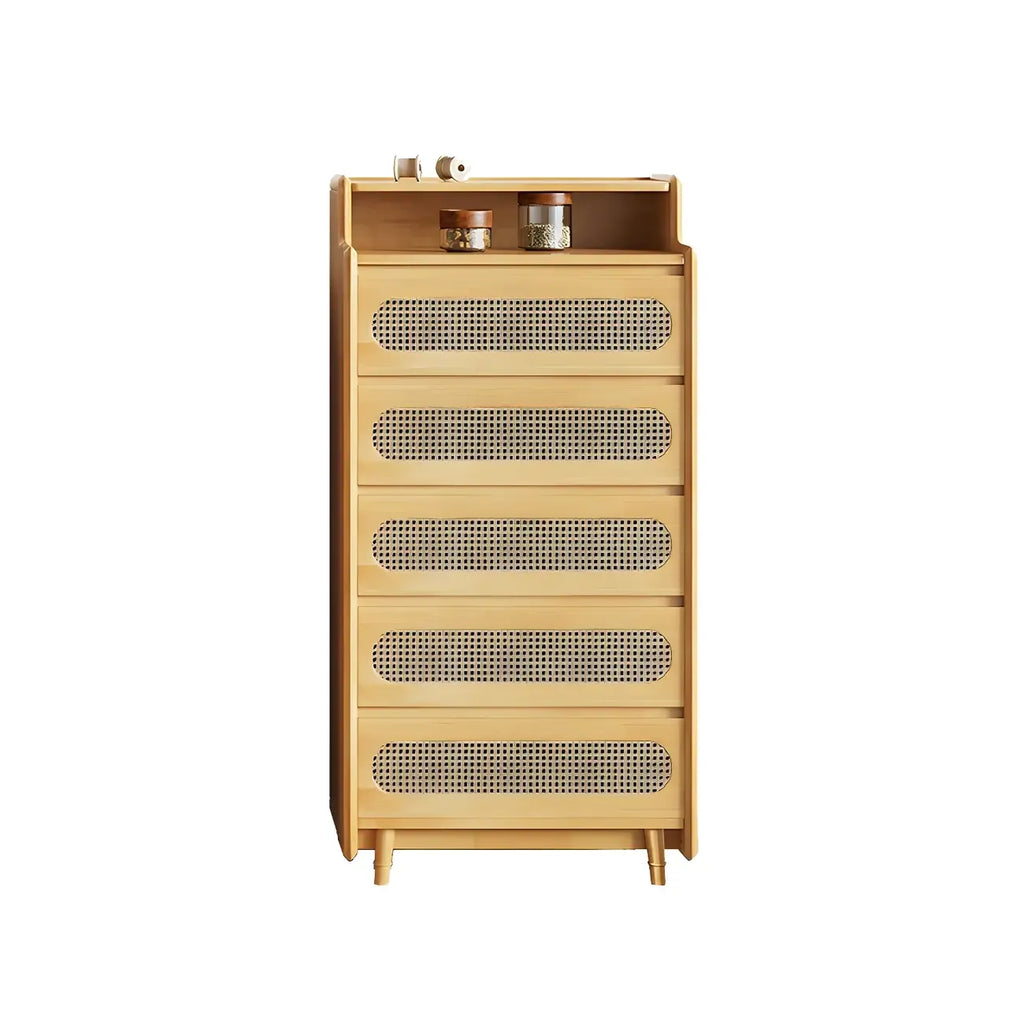 Brown Wood Rattan Front Accent Chest with Multi-Drawer