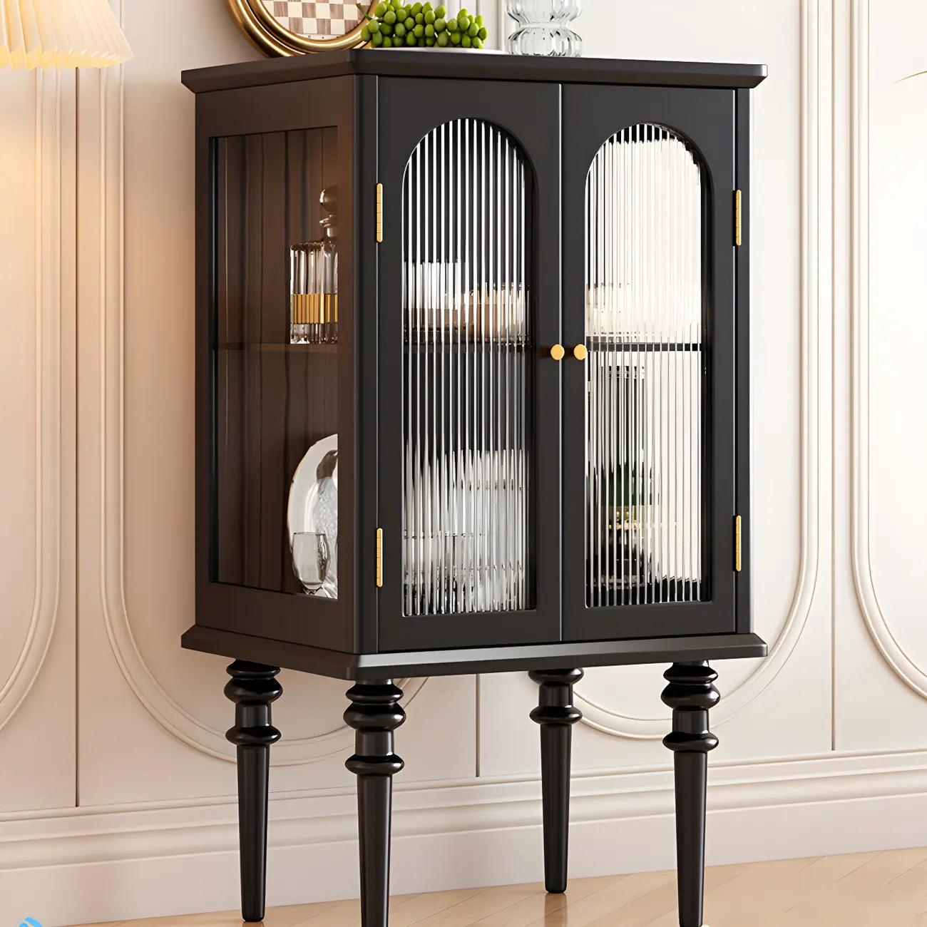 Classic Rubberwood Glass Living Room Storage Cabinet
