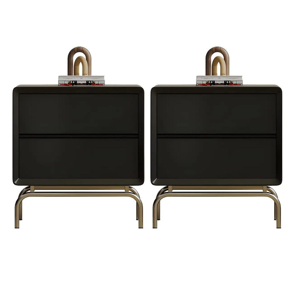 Classic Black Wood 2 Drawers Nightstand with Silver Metal Base