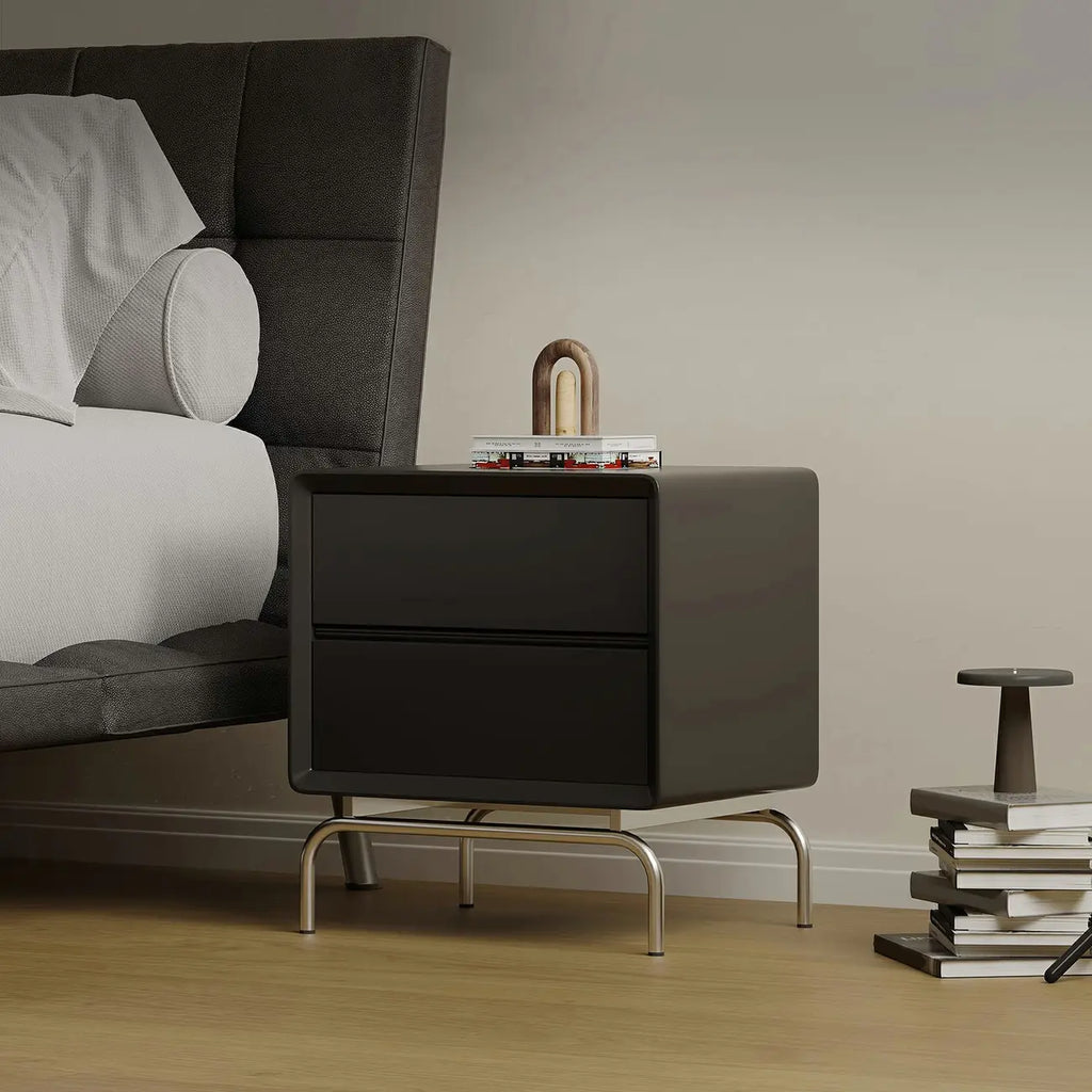 Classic Black Wood 2 Drawers Nightstand with Silver Metal Base