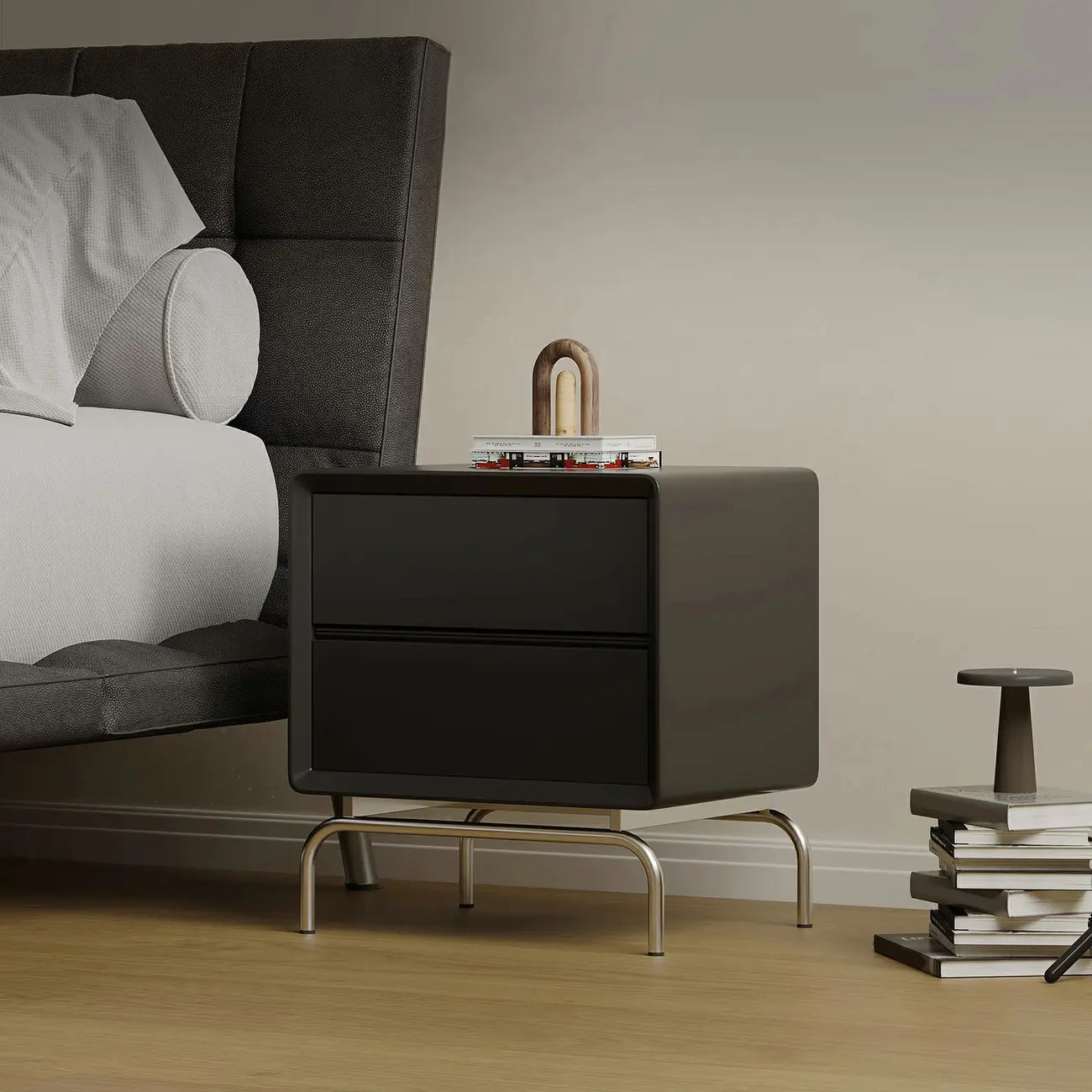 Classic Black Wood 2 Drawers Nightstand with Silver Metal Base