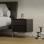 Classic Black Wood 2 Drawers Nightstand with Silver Metal Base