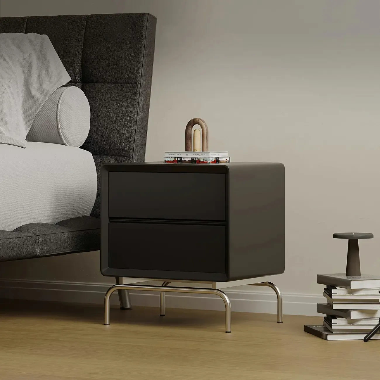 Classic Black Wood 2 Drawers Nightstand with Silver Metal Base