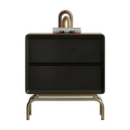 Classic Black Wood 2 Drawers Nightstand with Silver Metal Base