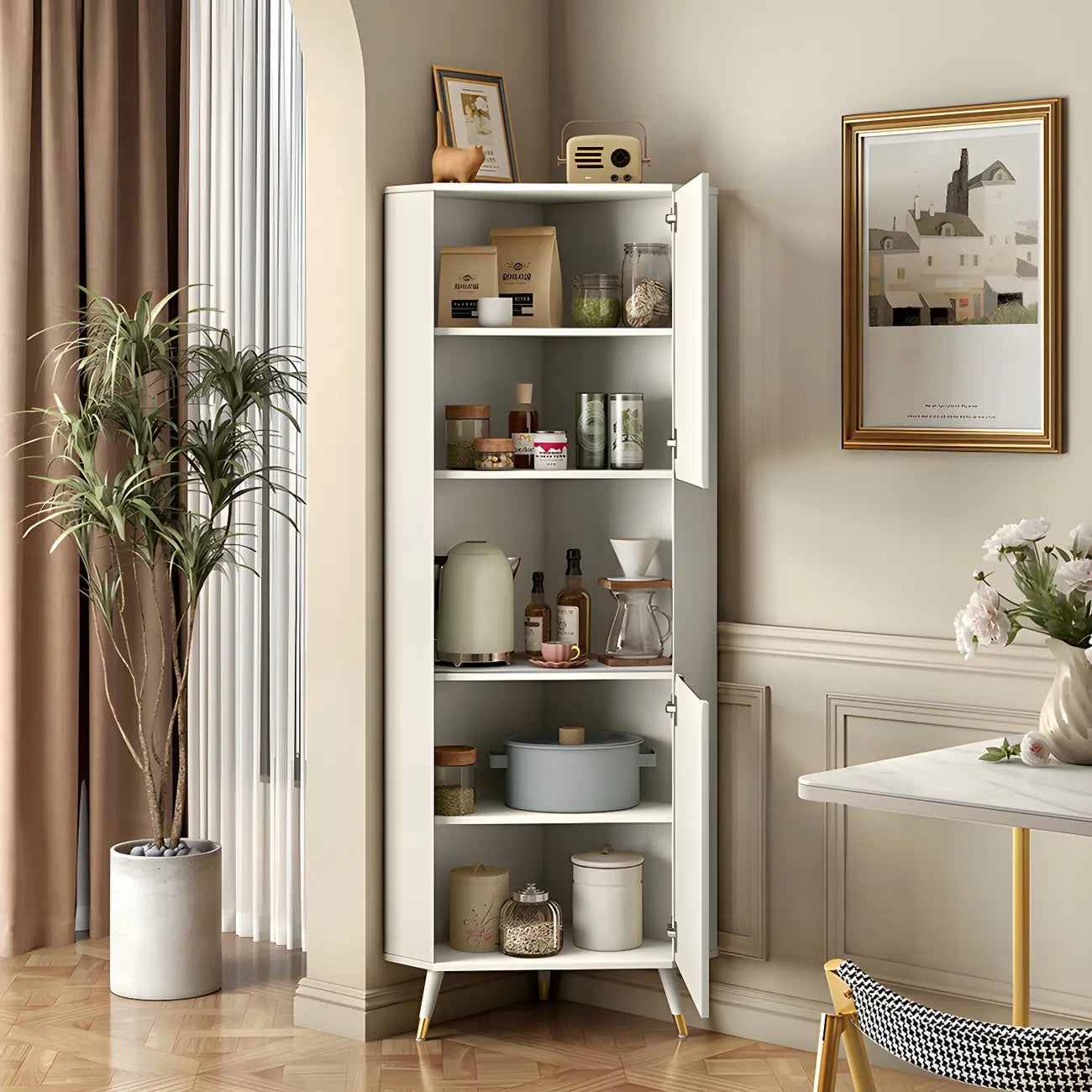 Chic White Wood Corner Cabinet with Open Shelves