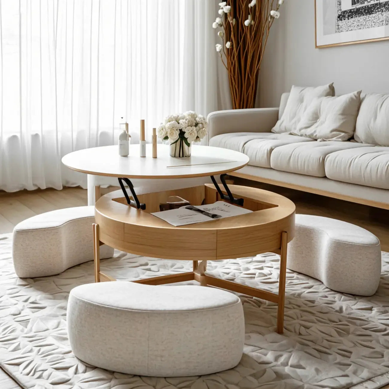 Natural Round Lift-Top Stone Wood Coffee Table with Storage