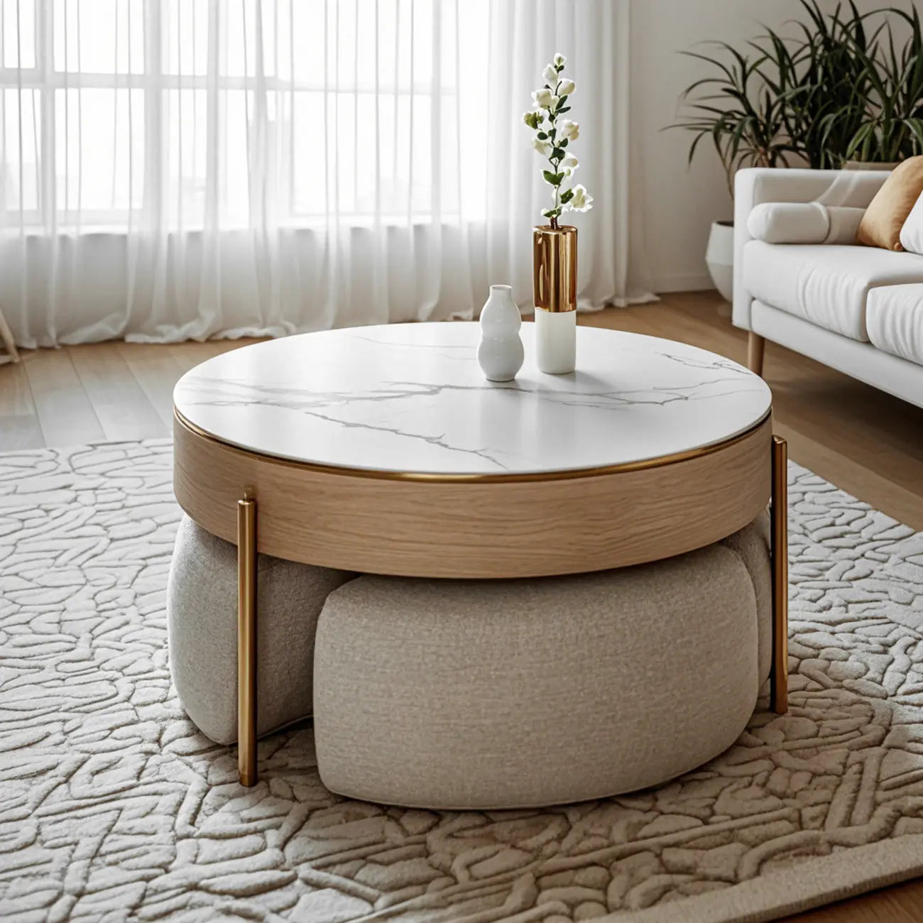 Natural Round Lift-Top Stone Wood Coffee Table with Storage