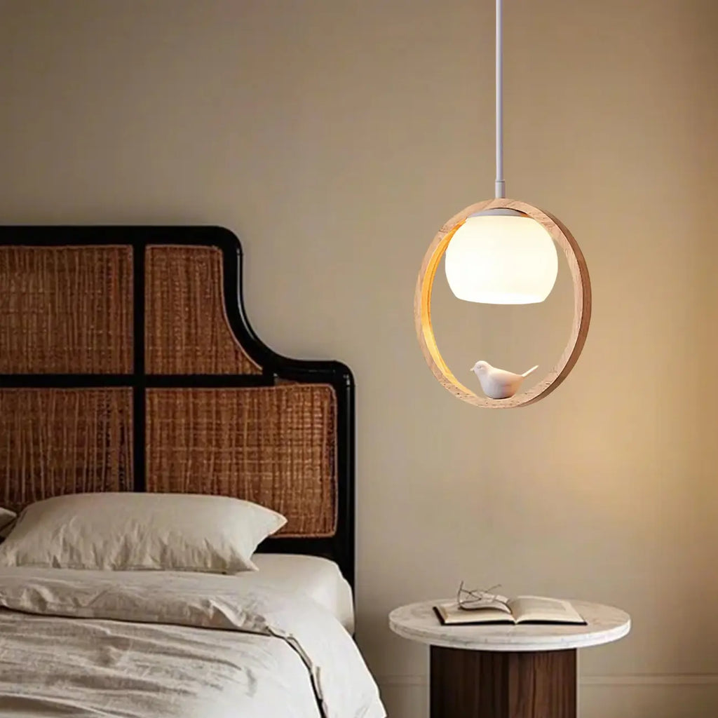 Designer Wooden Ring LED Pendant Light with Glass Shade for Home Decor