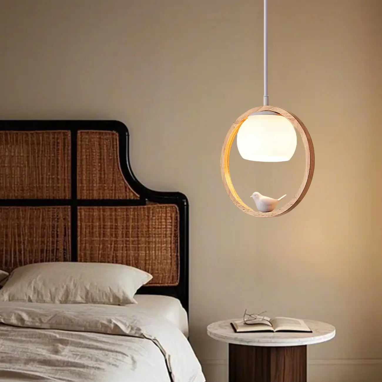 Designer Wooden Ring LED Pendant Light with Glass Shade for Home Decor