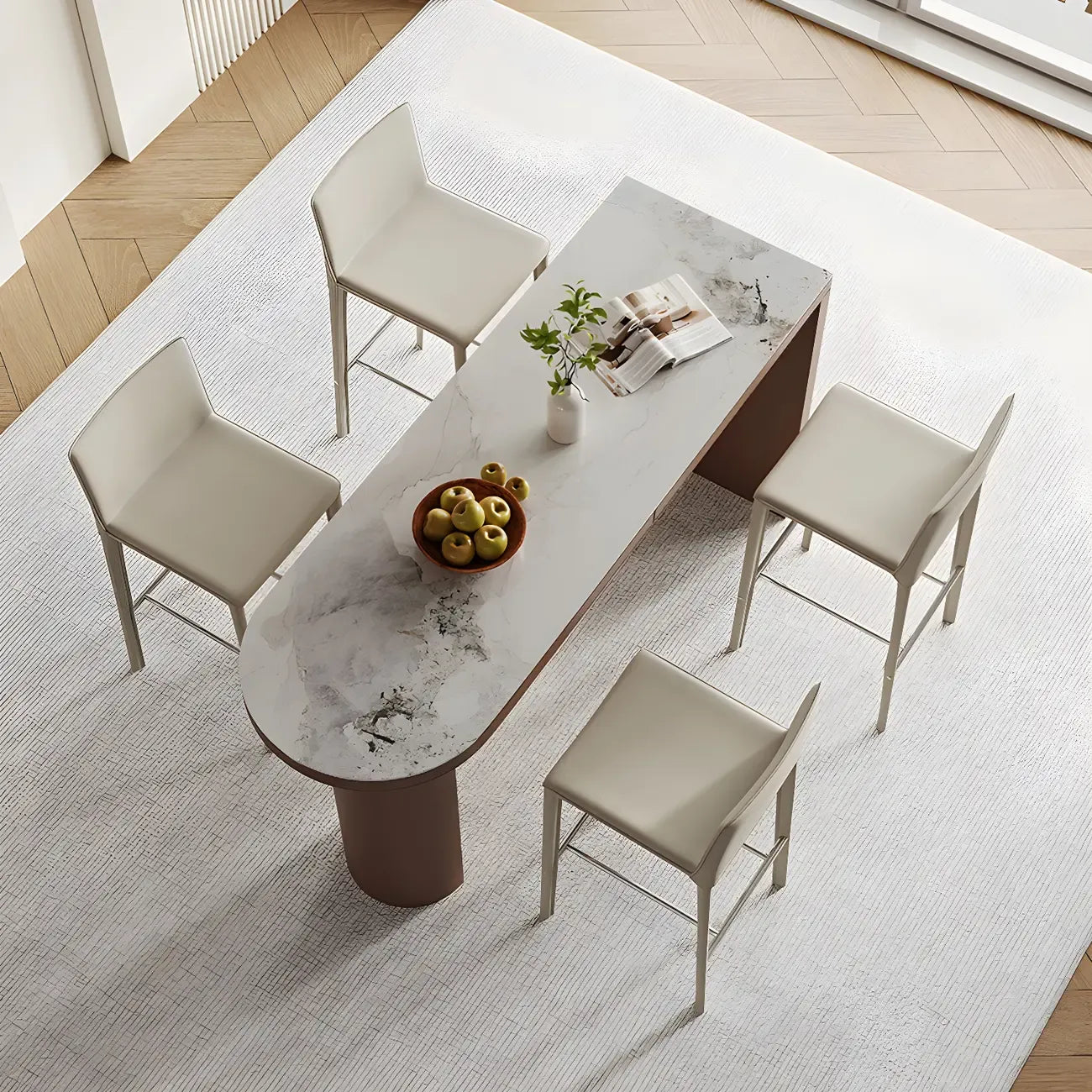 Modern White Stone Brown Wood Dual Pedestal Bar Tables