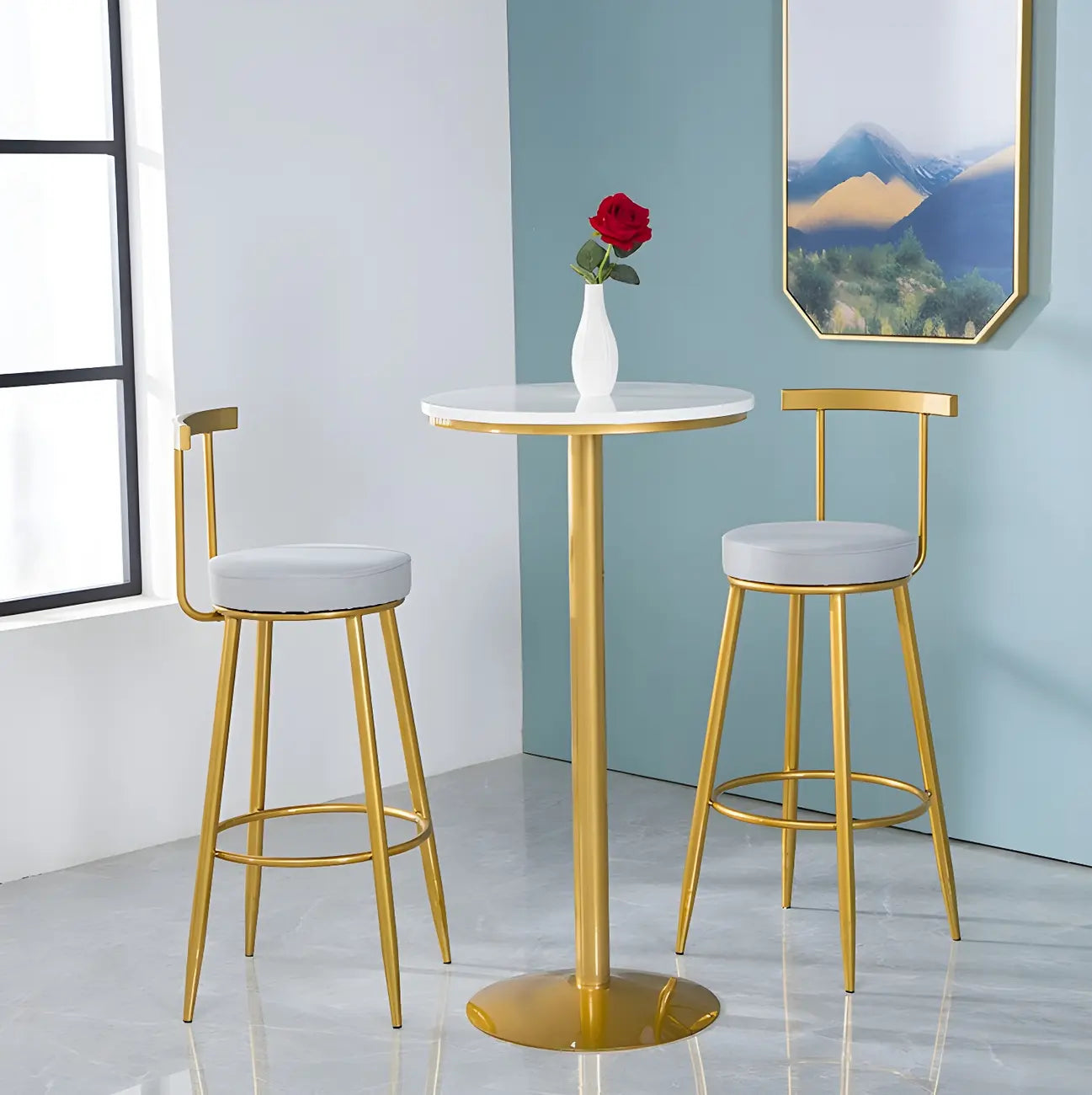 Glam White Faux Marble Golden Metal Trestle Bar Tables
